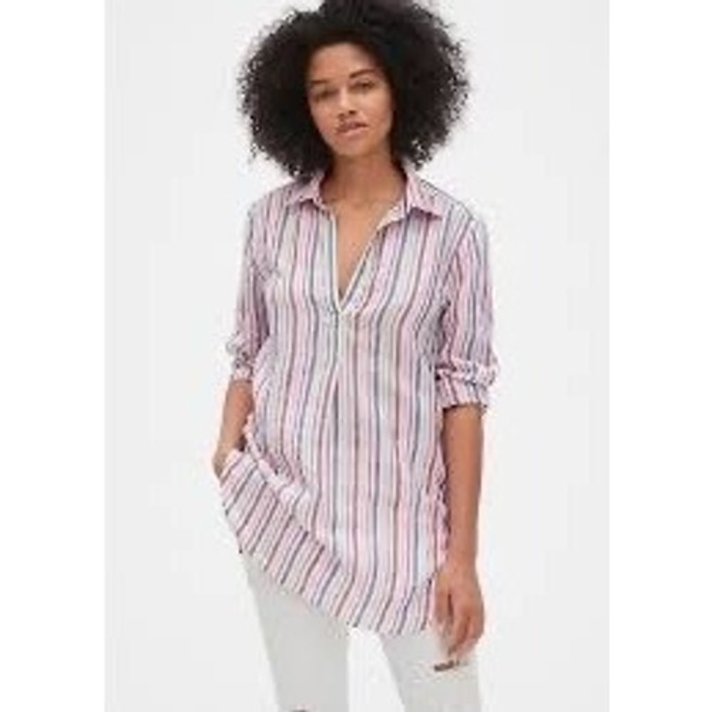 Gap Boyfriend Popover Tunic Women XL White Linen Striped Shirt Preppy Beach